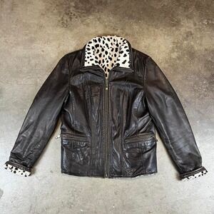 Vintage 80s Brown leather jacket with leopard fur collar women's Medium